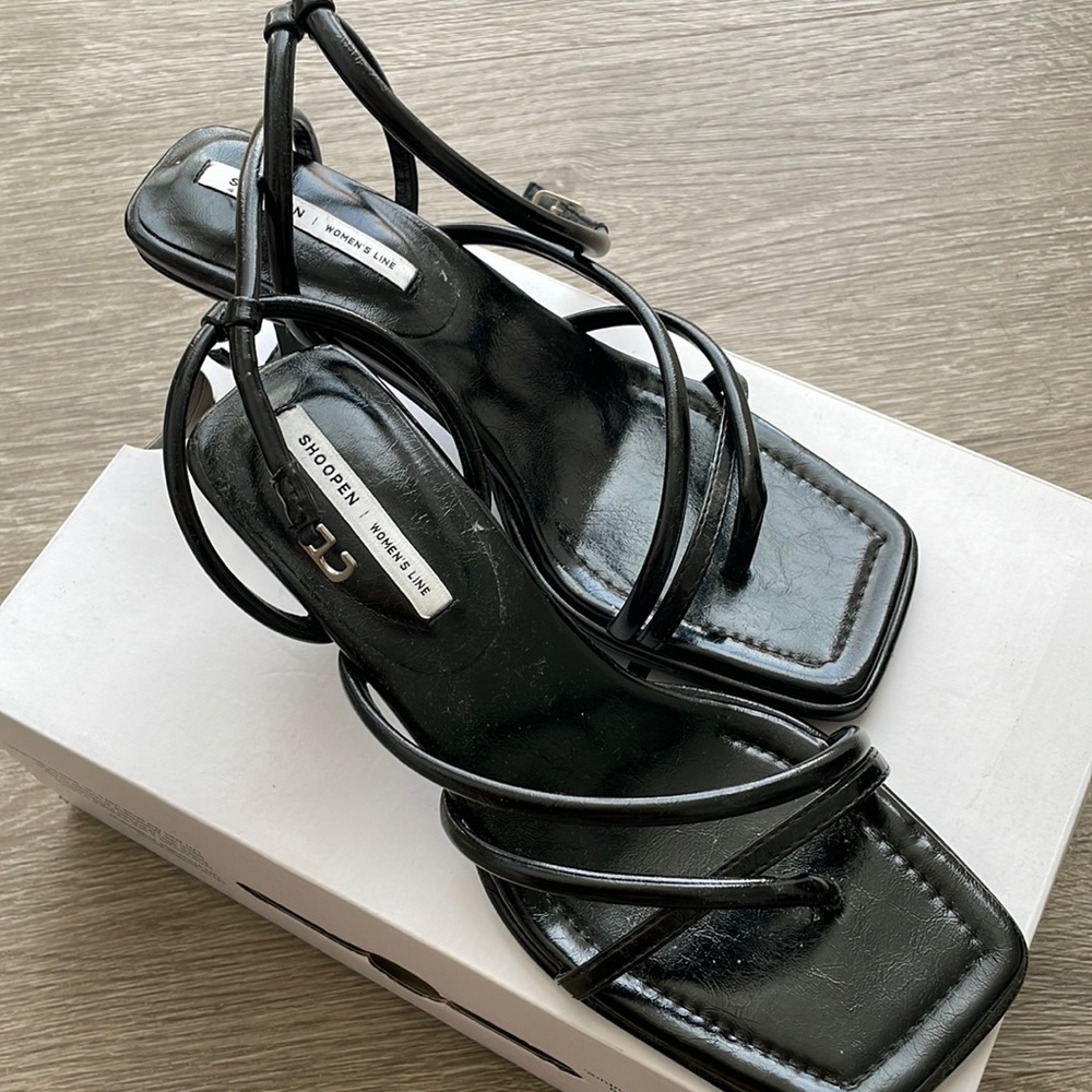 Black Square Toe Strappy Low Heel